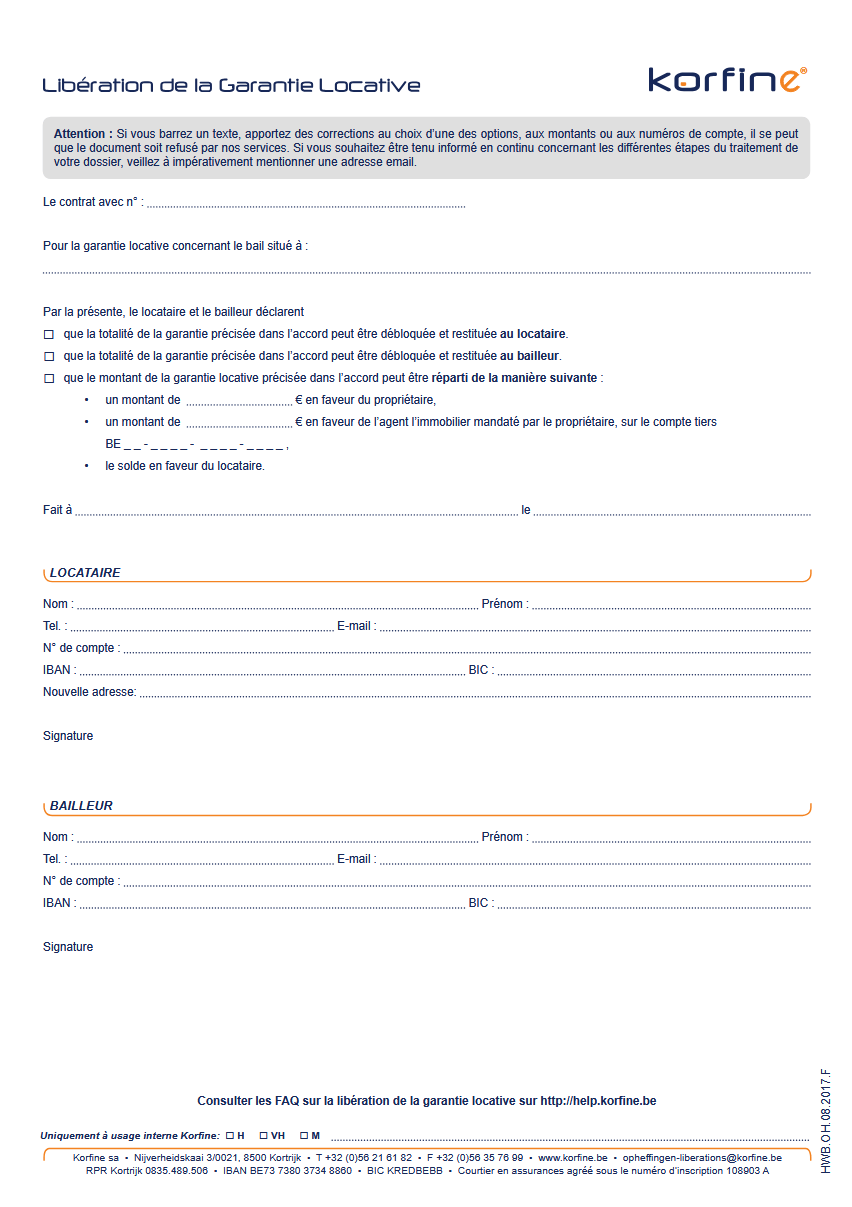 Formulaire libération garantie locative Korfine